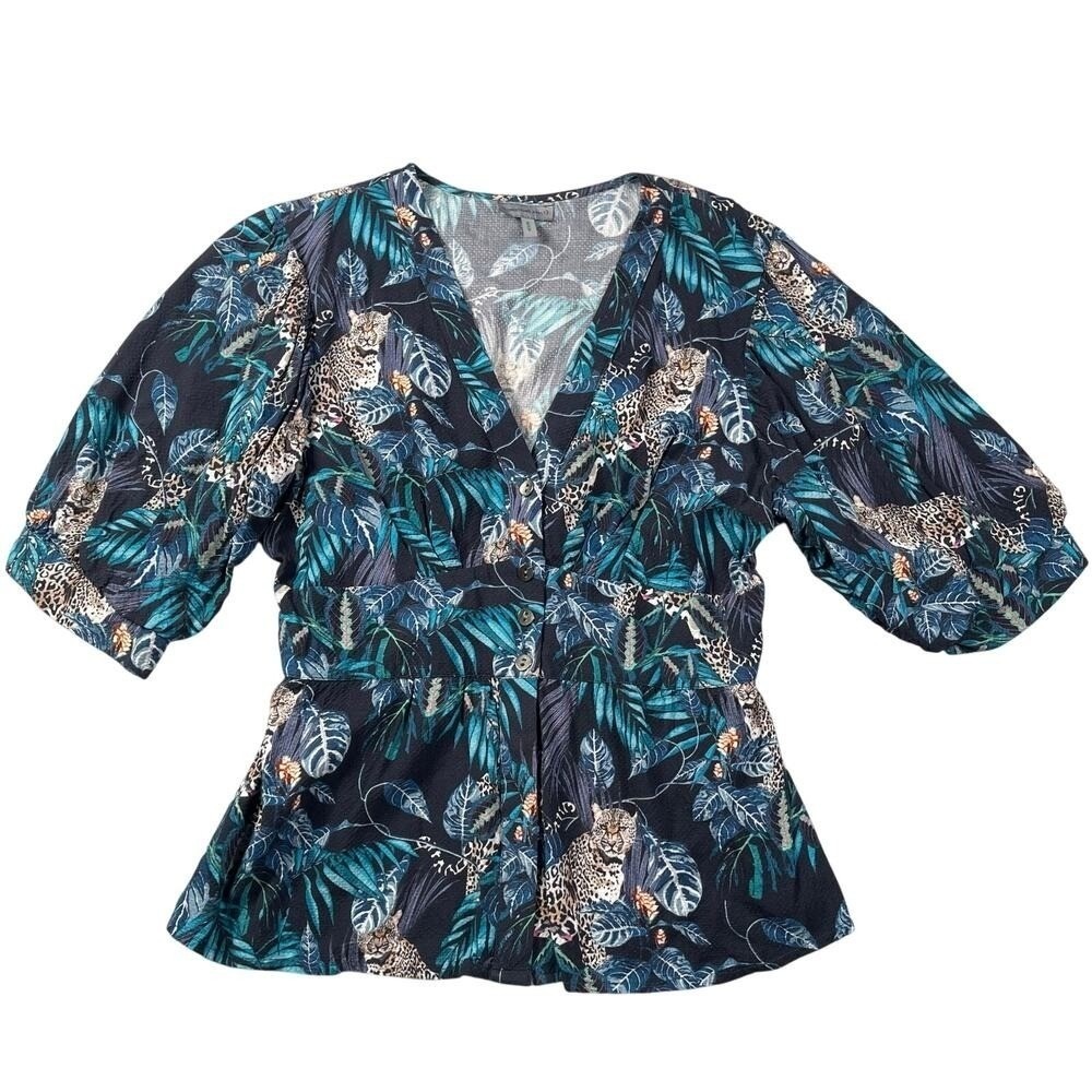Conditions Apply Top Womens Medium Black Turquoise Leopard Samita Anthropologie